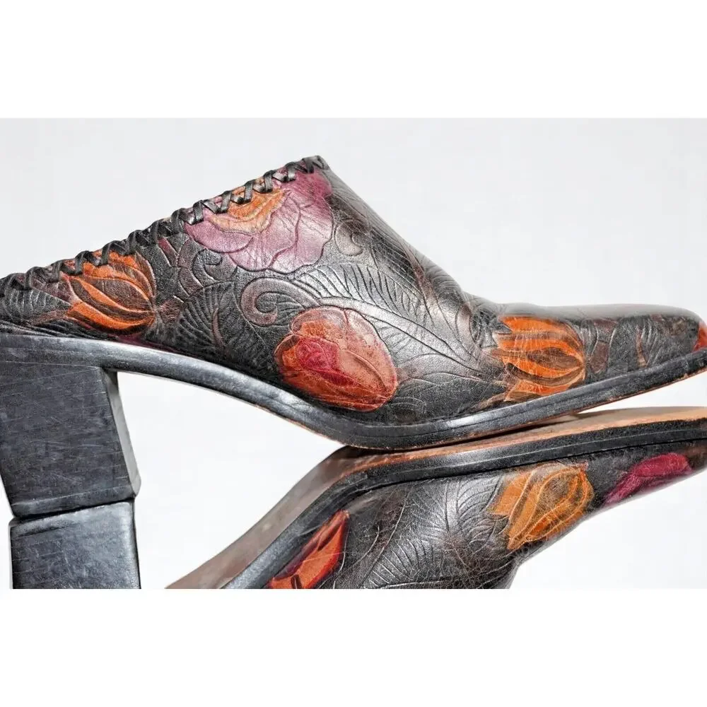 Vintage Floral Tooled Leather Mules Women 8 Handmade Brazil - Picture 7 of 10